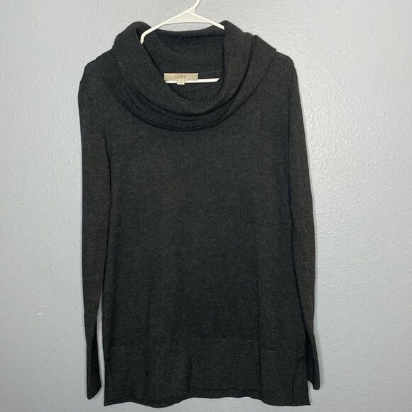 Loft Gray Ribbed Cowl Neck Charcoal Gray Sweater Size Medium - Picture 1 of 11